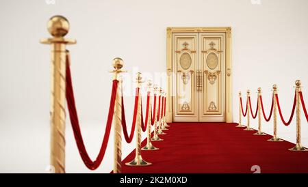 Tappeto rosso e corde di velluto che portano alla porta dorata. Illustrazione 3D Foto Stock
