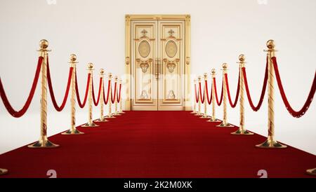 Tappeto rosso e corde di velluto che portano alla porta dorata. Illustrazione 3D Foto Stock