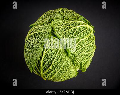 Cavolo sabaudo isolato su sfondo nero Foto Stock