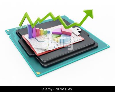 Freccia in aumento, grafico a torta e grafici di vendita su microprocessore generico. Illustrazione 3D Foto Stock