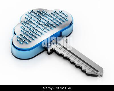 Chiave metallica con forma a nuvola e codice binario in cima. Concetto di cloud computing. Illustrazione 3D Foto Stock
