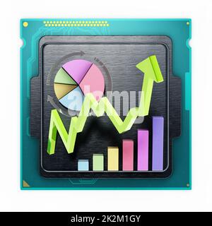 Freccia in aumento, grafico a torta e grafici di vendita su microprocessore generico. Illustrazione 3D Foto Stock