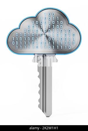 Chiave metallica con forma a nuvola e codice binario in cima. Concetto di cloud computing. Illustrazione 3D Foto Stock