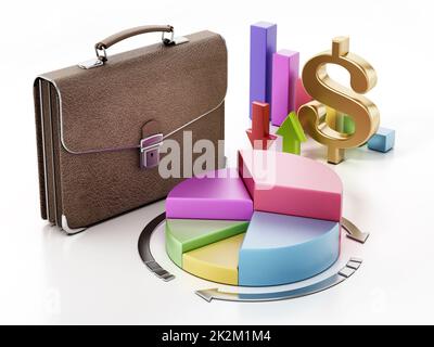 Grafici aziendali, grafici, valigetta e simbolo del dollaro isolati su sfondo bianco. Illustrazione 3D Foto Stock