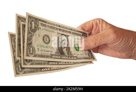 Gruppo di tenuta della mano di un dollaro fatture. Banconote in contanti in mano isolate su sfondo bianco. Primo piano immagine grandangolare. Messa a fuoco selettiva. Foto Stock