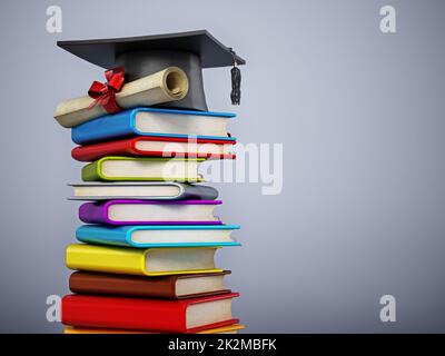 Mortarboard e certificato in piedi su una pila di libri colorati. Illustrazione 3D Foto Stock