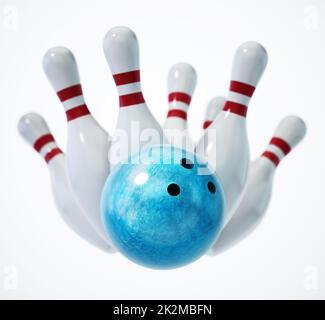 Palla da bowling e spille isolate su sfondo bianco. Illustrazione 3D Foto Stock