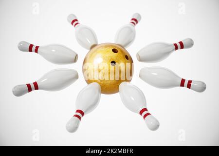 Palla da bowling e spille isolate su sfondo bianco. Illustrazione 3D Foto Stock