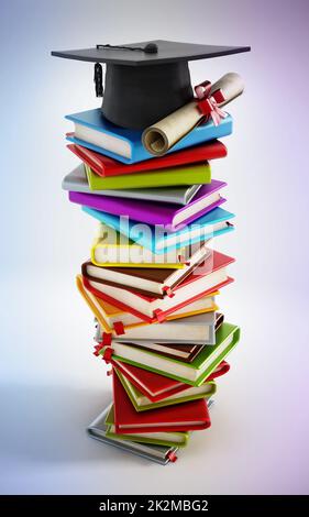 Mortarboard e certificato in piedi su una pila di libri colorati. Illustrazione 3D Foto Stock