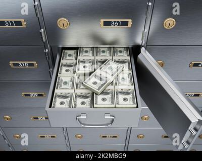3d illustrazione della cassaforte piena di soldi, su sfondo scuro