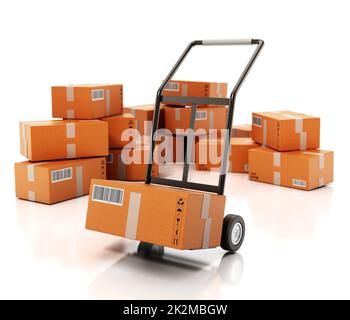 Carrello manuale con casse di carico isolate su sfondo bianco. Illustrazione 3D Foto Stock