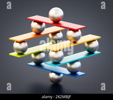 Sfere e tavole metalliche che rimangono in equilibrio. Illustrazione 3D Foto Stock