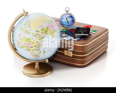 Modello globo, bussola, passaporti, biglietti sulla valigia. Illustrazione 3D Foto Stock
