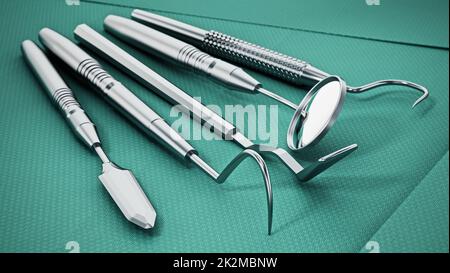 Set di utensili dentistici in piedi su un panno verde sterile. Illustrazione 3D Foto Stock