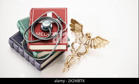 Stetoscopio, caduceo dorato e libri di medicina isolati su sfondo bianco. Illustrazione 3D Foto Stock