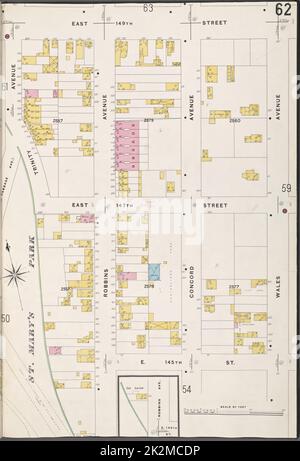 Cartografica, Mappe. 1908. Lionel Pincus e la Principessa Firyal Map Division. Assicurazione antincendio , New York (stato), Real Property , New York (stato), Cities & Cities , New York (stato) Bronx, V. 9, Plate No. 62 Mappa delimitata da E. 149th St., Wales Ave., E. 145th St., Trinity Ave. Foto Stock