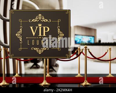 Cartello VIP lounge con tappeto rosso e corde di velluto. Illustrazione 3D Foto Stock