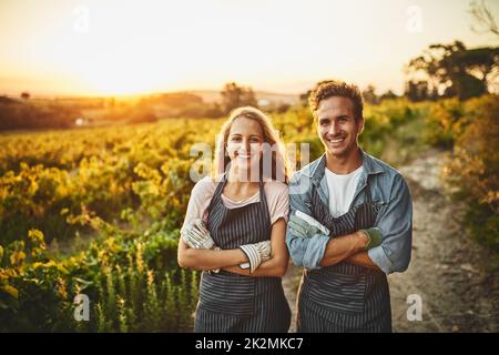 Leader nel settore agricolo. Ritratto di un giovane uomo e di una donna fiduciosi che lavorano insieme in una fattoria. Foto Stock