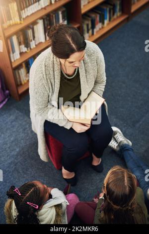 Tutti amano una buona storia. Scatto ad alto angolo di un insegnante che legge ad un gruppo di ragazzi della scuola elementare nella biblioteca. Foto Stock