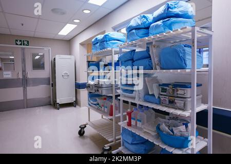 L'organizzazione è essenziale per gestire un ospedale. Shot di scaffali riforniti di forniture mediche in un reparto ospedaliero vuoto. Foto Stock