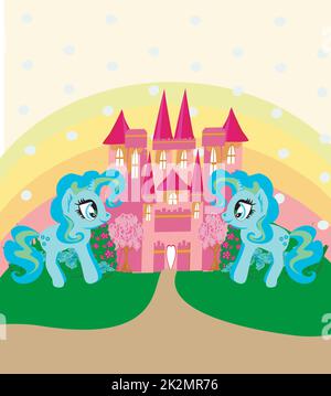 Carta con un simpatico unicorns arcobaleno e fiabesco Castello principessa Foto Stock