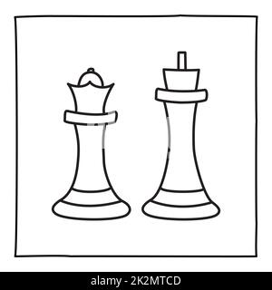 Doodle scacchi pezzi icone, regina e re icona mano disegnata con sottile linea nera Foto Stock