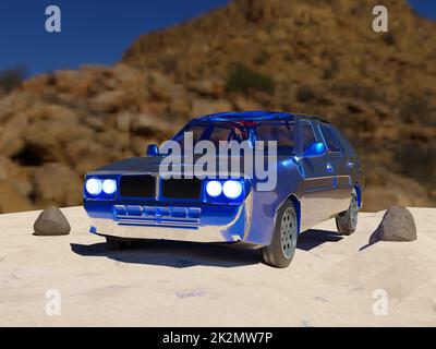 Auto blu nel deserto Foto Stock