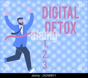 Didascalia concettuale Digital Detox. Panoramica del business Free of Electronic Devices Disconnetti per riconnettere Gentleman in Suit scollegato verso la linea di arrivo celebrando il successo Foto Stock