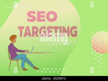 Visualizzazione concettuale Seo Targeting. Panoramica aziendale parole chiave specifiche per la posizione Landing Page Top Domain persona seduta scrivania utilizzando il computer che lavora per raggiungere gli obiettivi. Foto Stock