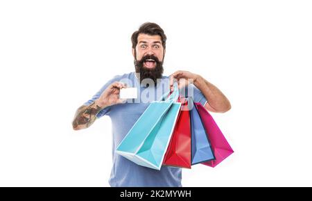 Metodo di pagamento. Giorno di vendita. Uomo con carta di credito. Ottima offerta. Buon acquisto. Grandi sconti online nel nostro negozio. Pronti a pagare online. Successo Foto Stock