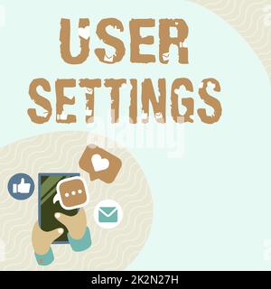 Impostazioni utente del segno di scrittura a mano. Panoramica aziendale Configurazione dell'aspetto sistema operativo Personalizzazione della mano tenere telefono cellulare premendo il pulsante applicazione che mostra la tecnologia. Foto Stock