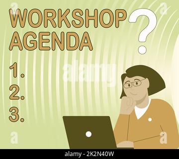 Didascalia di testo che presenta il programma del workshop. Business Concept ti aiuta a garantire che il tuo posto rimanga in programma Lady Drawing Brainstorming nuove soluzioni circondate da punti interrogativi Foto Stock