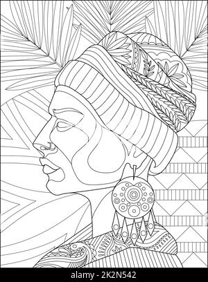 Linea vettoriale disegno stilizzato ragazza elaborato decorato orecchini cappello. Immagine lineart digitale donna decorazione sfondo floreale. Delineare il disegno della signora fogliame modellato. Foto Stock