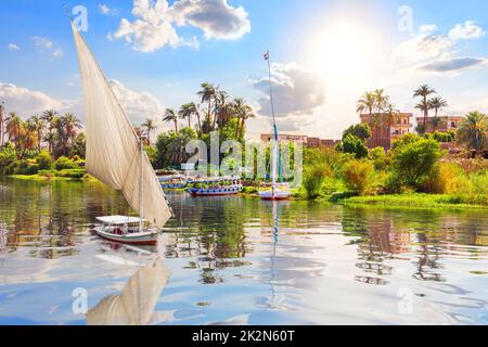Barca a vela sul Nilo, città di Luxor, scenario di Egitto Foto Stock