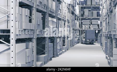 interno di un magazzino con carrello elevatore e ripiani. Foto Stock