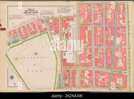 Cartografica, Mappe. 1938 - 1957. Lionel Pincus e la Principessa Firyal Map Division. Real Property , New York (state) , New York (N.Y.), Bronx (New York, N.Y.) , Mappe Double Page Plate No. 4, parte della Sezione 11, Borough of the Bronx: Bounded by E. 173rd Street, Park Avenue, E. 174th Street, (Crotona Park) Fulton Avenue, E. 171st Street, Claremont Park, Teller Avenue, Morris Avenue, Mt. Eden Parkway e Eastburn Avenue Foto Stock