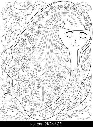 Stilizzato vettore linea disegno ragazza elaborato decorato fiore capelli. Digital lineart image donna decorazioni floreali acconciatura. Delineare disegni disegno signora fogliame modelli. Foto Stock