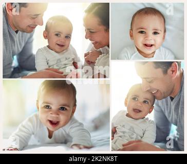 L'amore non ottiene più puro di questo. Immagine composita di un adorabile bambino ragazzo che si lega con il padre e il padre a casa. Foto Stock