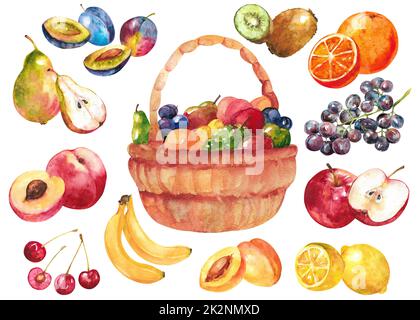 Set acquerello di frutta. Cestino di vimini di frutta e frutti in cerchio. Foto Stock