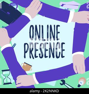 Didascalia concettuale presenza online. Concetto di business esistenza di qualcuno che può essere trovato tramite una ricerca online quattro mani disegno braccio di sostegno insieme mostrando simbolo di connessione. Foto Stock