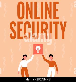 Testo che mostra Inspiration Online Security. Regole di approccio aziendale per proteggere contro gli attacchi su Internet due colleghi che Holding Lamp presenta il nuovo risultato raggiunto. Foto Stock