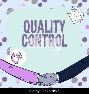 Inspirazione che mostra il controllo di qualità del segno. Il concetto di business assicura che il prodotto o il servizio venduto a causa di standard cornice vuota decorata con simboli di comunicazione rappresentano una riunione aziendale Foto Stock