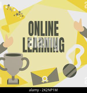 Didascalia concettuale formazione online. Vetrina di affari Larning con l'assistenza di Internet e un computer persone che si congratula con il successo presentando le medaglie del trofeo guadagnato. Foto Stock