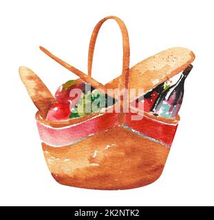 Cestino picnic acquerello. Cestino di vimini con cibo per un picnic. Foto Stock