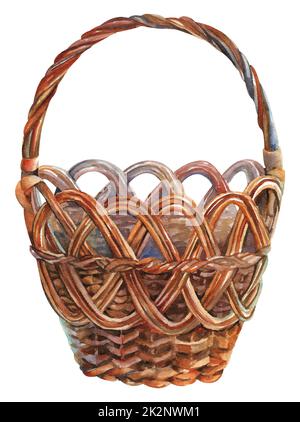 Cestino acquerello. Cestino in legno di vimini su sfondo bianco. Foto Stock