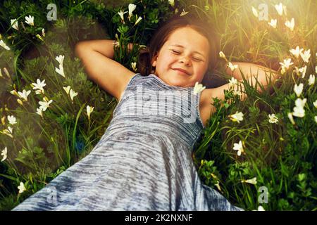 Fare amicizia con i fiori. Scatto di una ragazza piccola carina che giace in un campo di fiori selvatici fuori. Foto Stock