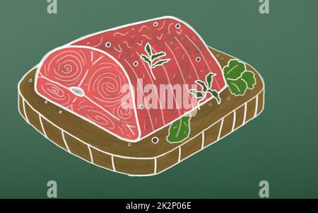 Carne di filetto di salmone, erbe aromatiche e spezie su tavola di legno. Pesce pezzo anche isolato su lavagna verde. Simbolo del cibo servito
