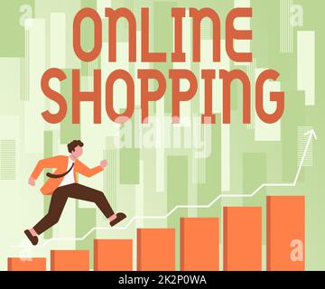 Scrittura di testo di visualizzazione Shopping online. L'approccio commerciale permette ai consumatori di acquistare le loro merci su Internet Gentleman in Suit Climbing Staris in esecuzione successo raggiungere gli obiettivi. Foto Stock