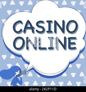 Visualizzazione concettuale Casino Online. Internet Concept computer Poker Game Gamble Royal Bet Lotto High Stakes Woman Talking Through Megaphone Making Announcement with Speech Bubble. Foto Stock