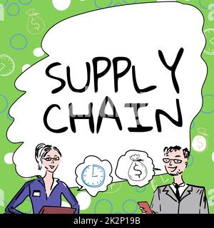 Testo che mostra la supply chain di ispirazione. Concetto che significa sistema di organizzazione e processi dal fornitore al consumatore membri del team che guardano a Whiteboard Brainstorming nuove soluzioni. Foto Stock